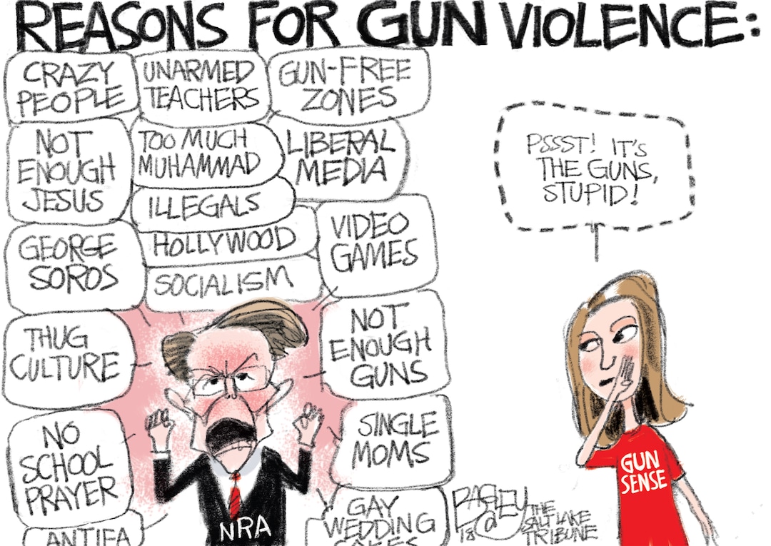 This Pat Bagley cartoon, titled “Reason for Gun Violence” appears in The Salt Lake Tribune on Wednesday, Feb. 28, 2018.