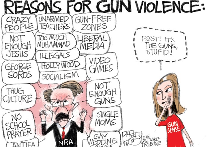 This Pat Bagley cartoon, titled “Reason for Gun Violence” appears in The Salt Lake Tribune on Wednesday, Feb. 28, 2018.