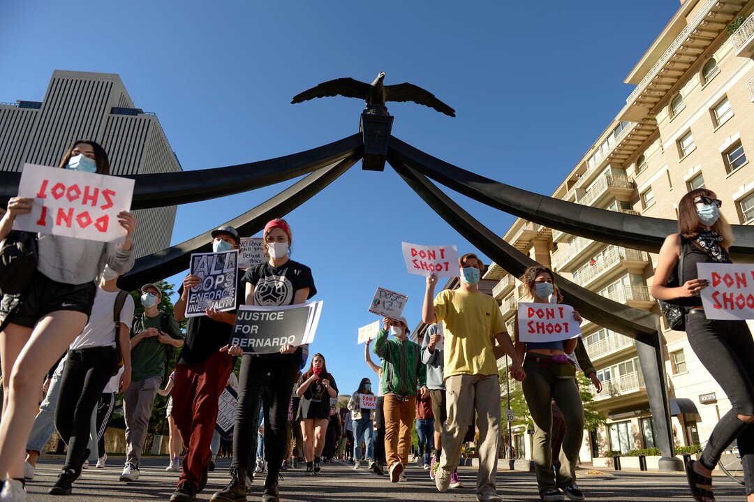 (Leah Hogsten  |  The Salt Lake Tribune) The Party for Socialism and Liberation Salt Lake walks from the Utah Capitol to the Wallace Bennett Federal Building to join forces with another protest group Salt Lake Equal Rights Movement, June 9, 2020. 