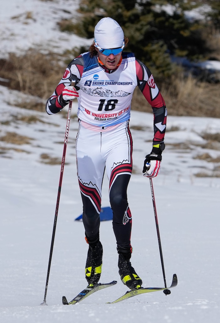 (Francisco Kjolseth | The Salt Lake Tribune) Bjorn Riksaasen of the University of Utah competes in the men’s 10K classic during the NCAA Skiing Championships held at the Soldier Hollow Nordic Center on Thursday, March 10, 2022 in Midway, Utah. 