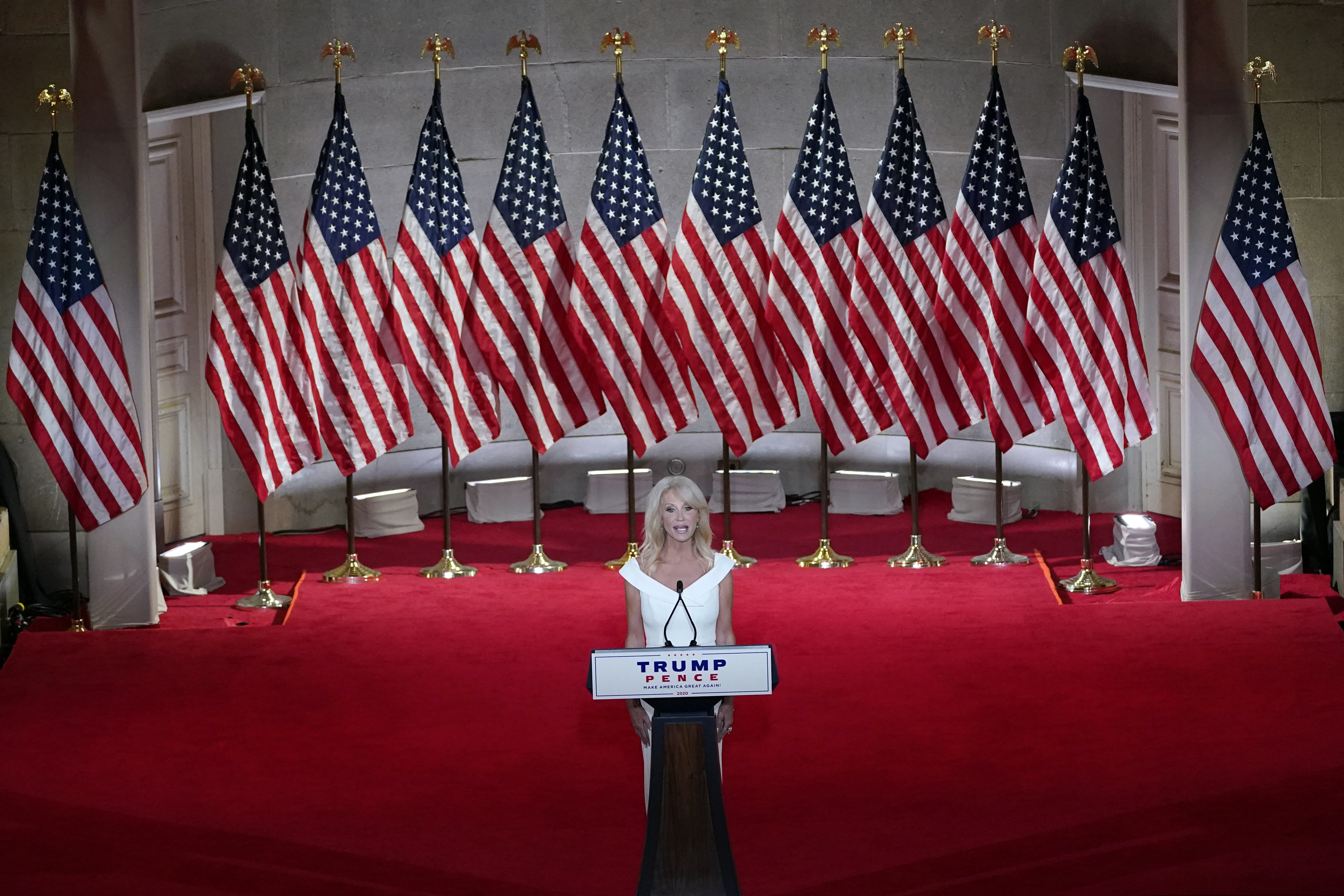 (Susan Walsh | AP photo)

White House counselor Kellyanne Conway tapes her speech for the third day of the Republican National Convention from the Andrew W. Mellon Auditorium in Washington, Wednesday, Aug. 26, 2020.