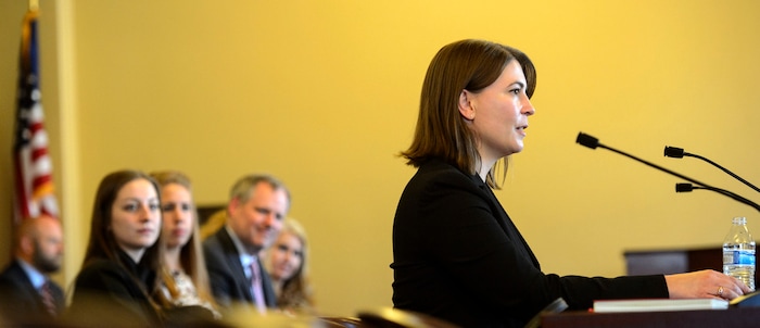 (Steve Griffin  |  The Salt Lake Tribune) Utah Supreme Court nominee Paige Petersen answers questions during her Senate Judicial Confirmation committee hearing at the State Capitol in Salt Lake City Monday November 13, 2017. Paige was joined by family and friends during the hearing.