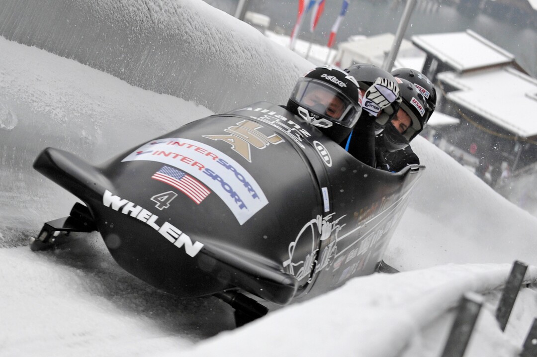 Team USA 1 with pilot Steven Holcomb, Justin Olsen, Steve Mesler and Curtis Tomasevicz in the finish area after placing second in the Bob World Cup competition in Koenigssee, southern Germany, on Sunday, Jan. 10, 2010. (AP Photo/Uwe Lein)
