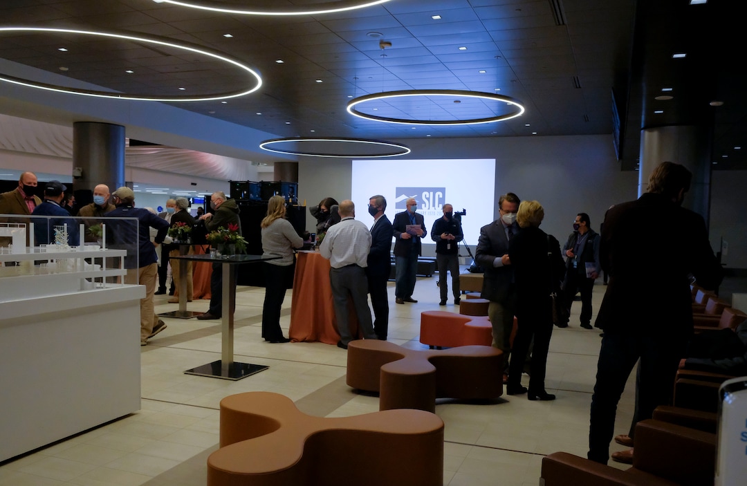 (Leah Hogsten  |  The Salt Lake Tribune) The Salt Lake City International Airport commemorated its 100-year anniversary with a party inside the Greeting Room, Dec. 21, 2020. The release of an airport history book is planned along with the screening of a documentary about the building of The New SLC. In addition, the bust of an important figure in Salt Lake City AirportÕs history will be unveiled and a final item will be placed in the airport time capsule by the Salt Lake City Council.