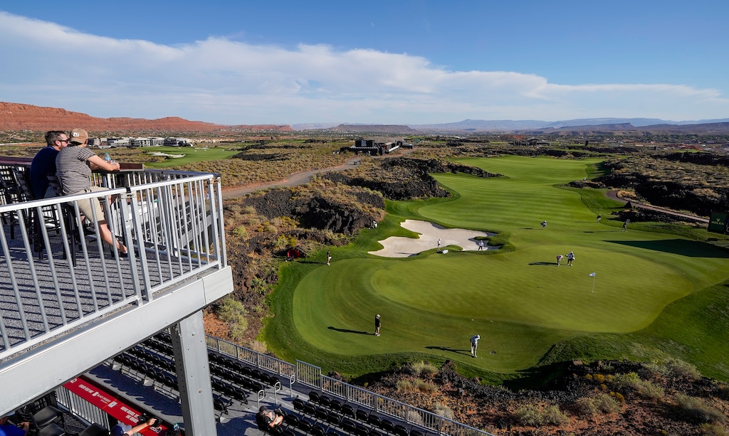 (Chris Samuels | The Salt Lake Tribune) Spectators watch play on the 16th hole during the first round of the Black Desert Championship PGA Tour golf tournament in Ivins, Thursday, Oct. 10, 2024.