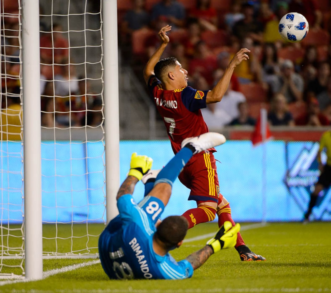 (Trent Nelson | The Salt Lake Tribune)  Real Salt Lake hosts FC Dallas, MLS soccer at Rio Tinto Stadium in Sandy, Saturday July 7, 2018. Real Salt Lake forward Jefferson Savarino (7) knocks the ball away from the goal.