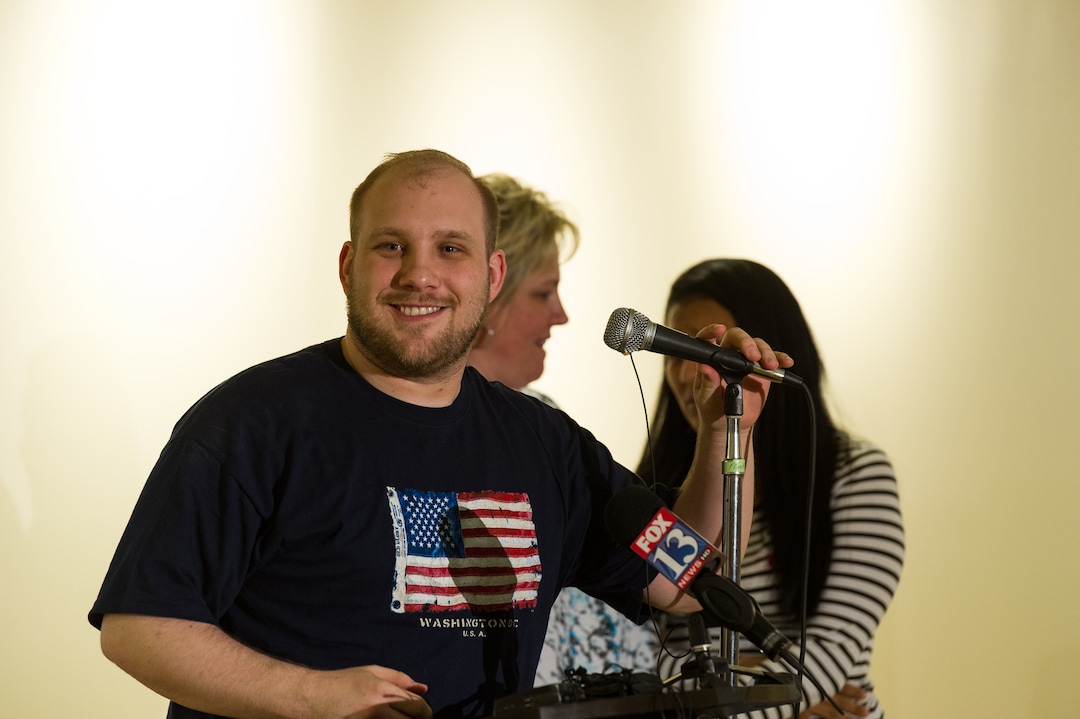 Alex Gallivan  |  Special to the Tribune Hundreds of people packed the Old Dome Meeting Hall in Riverton to celebrate the arrival of Josh Holt, his wife, Thamy, and their daughter, Marian, Monday, May 28,2018