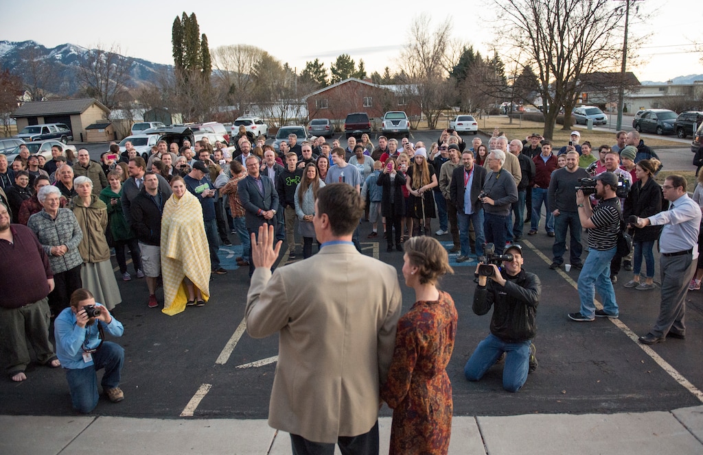 Rick Egan  |  The Salt Lake TribuneJohn Dehlin and his wife Margi speak to a crowd of more than 200 people, as they arrive at the North Logan LDS Stake Center for the disciplinary council, in North Logan, Sunday, February 8, 2015