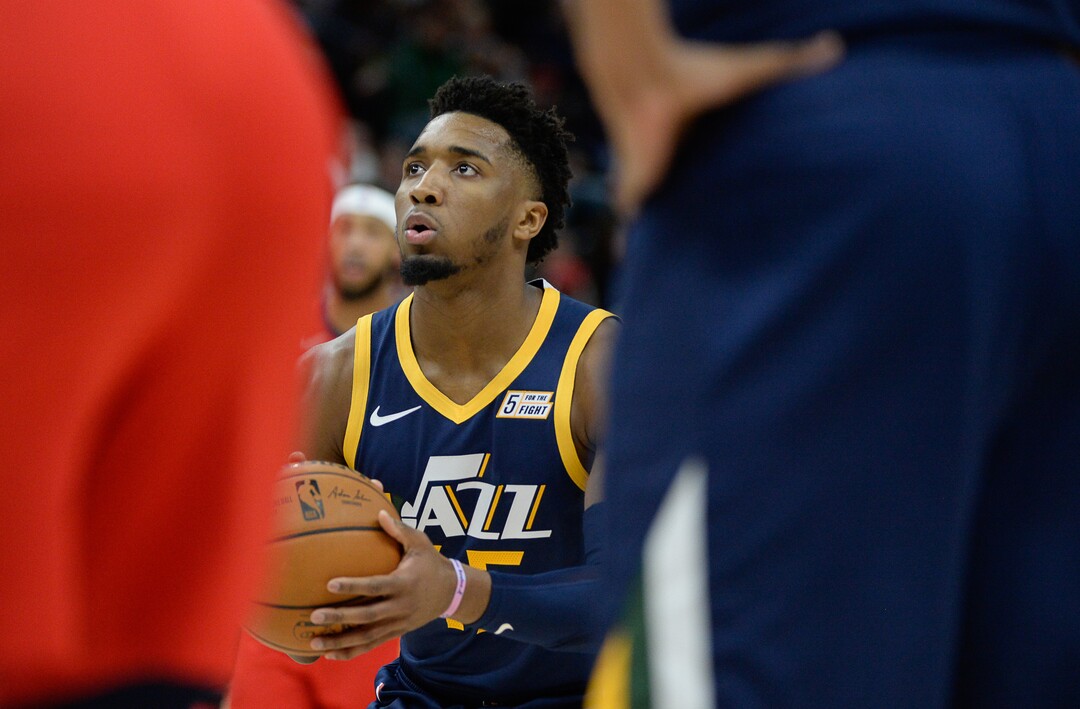 (Francisco Kjolseth  |  The Salt Lake Tribune)  Utah Jazz guard Donovan Mitchell (45) concentrates on the basket as the Utah Jazz host the New Orleans Pelicans in their NBA basketball game at Vivint Smart Home Arena in Salt Lake City on Sat. Nov. 23, 2019.