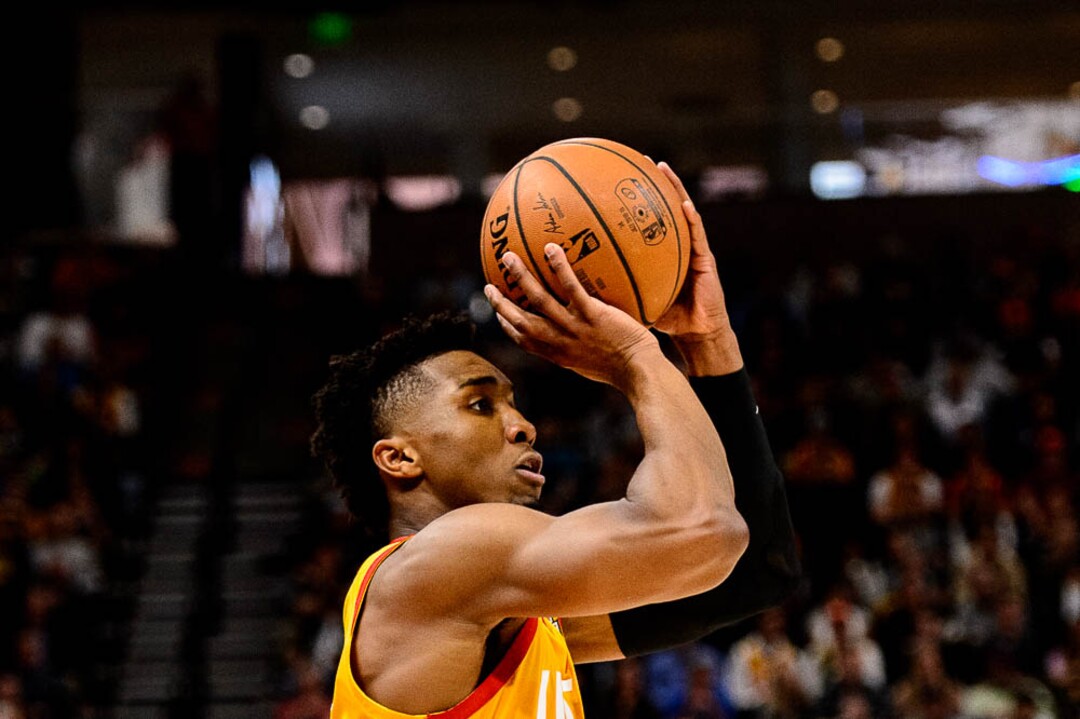 (Trent Nelson | The Salt Lake Tribune)  Utah Jazz guard Donovan Mitchell (45). Utah Jazz vs. Boston Celtics, NBA basketball in Salt Lake City on Friday Nov. 9, 2018.
