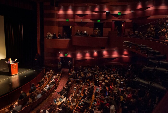 (Rick Egan  |  The Salt Lake Tribune)      Letitia Lester speaks at the Memorial service for her father, Robert "Archie" Archuleta, at the Rose Wagner Theatre, Saturday, March 2, 2019.


