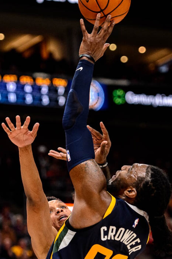 (Trent Nelson | The Salt Lake Tribune)
Utah Jazz forward Jae Crowder (99) is fouled by Memphis Grizzlies forward Ivan Rabb (10). Utah Jazz vs Memphis Grizzlies, NBA basketball in Salt Lake City on Friday Nov. 2, 2018.