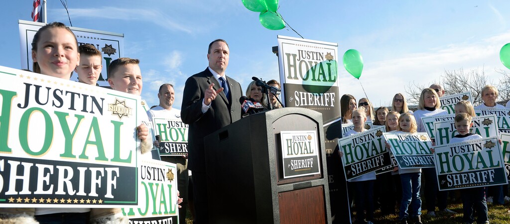 (Al Hartmann  |  The Salt Lake Tribune) 	Unified Police Dept. Lt. Justin Hoyal announces he will run for county sheriff as a Republican Thursday Nov. 30. 