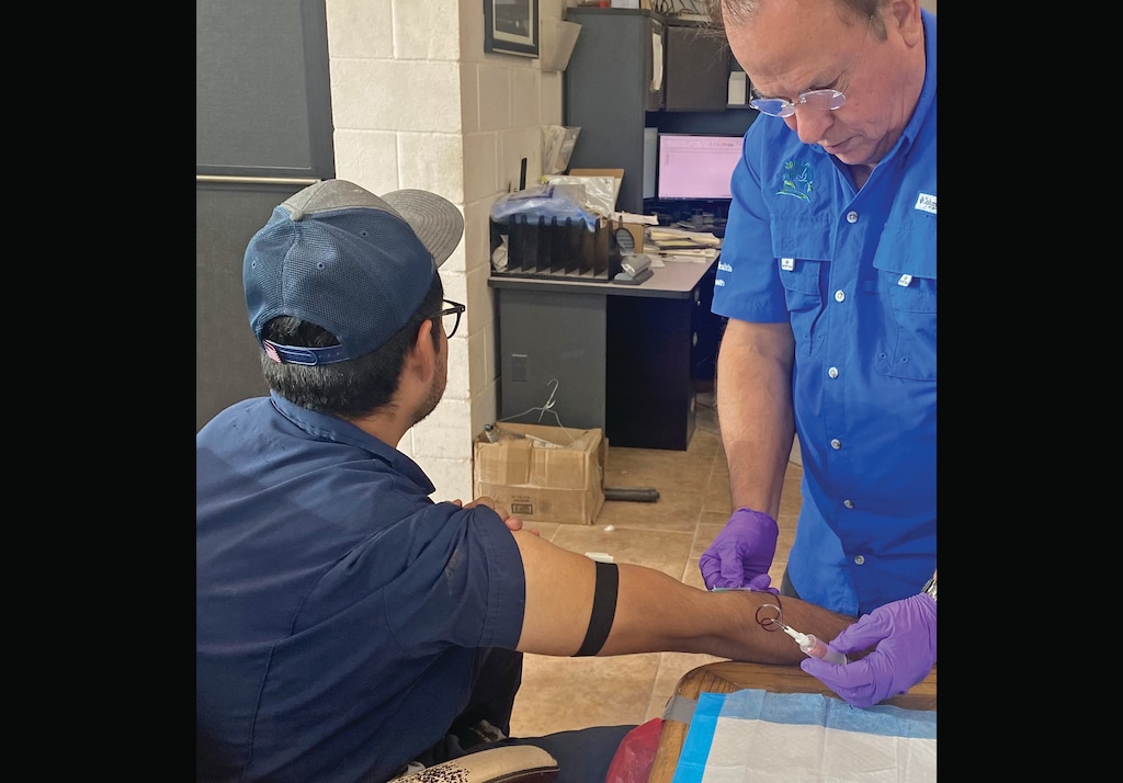 (Thang Nguyen | UTMB) A researcher draws blood from a farmworker to analyze it for signs of a previous, undetected bird flu infection.