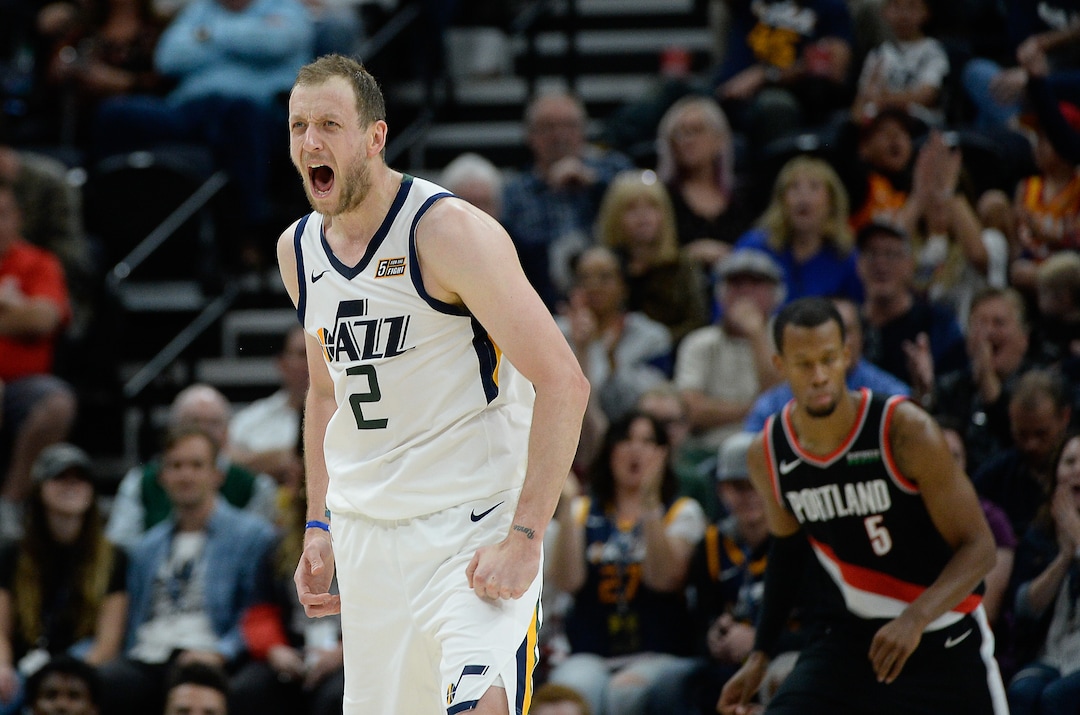 (Francisco Kjolseth  |  The Salt Lake Tribune)  Utah Jazz forward Joe Ingles (2) celebrates a three pointer as the Utah Jazz host the Portland Trailblazers in their NBA basketball game at Vivint Smart Home Arena in Salt Lake City on Wed. Oct. 16, 2019.
