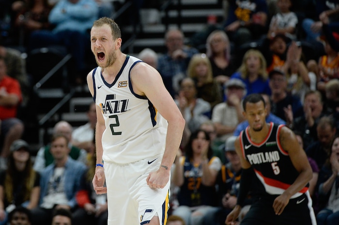 (Francisco Kjolseth  |  The Salt Lake Tribune)  Utah Jazz forward Joe Ingles (2) celebrates a three pointer as the Utah Jazz host the Portland Trailblazers in their NBA basketball game at Vivint Smart Home Arena in Salt Lake City on Wed. Oct. 16, 2019.
