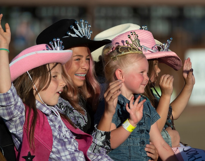 (Rick Egan  |  The Salt Lake Tribune)    THe Junior Rodeo Queens are introduced, at the West Jordan Western Stampede Rodeo, Saturday, July 6, 2019.