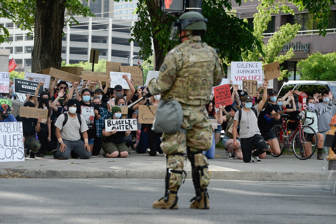 (Francisco Kjolseth  |  The Salt Lake Tribune) Demonstrators protest against police brutality on Tuesday, June 2, 2020, in downtown Salt Lake City, as an 8 p.m. weeklong curfew remains in order.