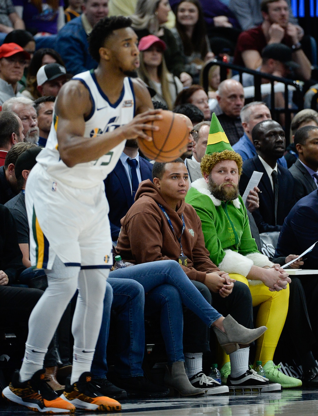 (Francisco Kjolseth  |  The Salt Lake Tribune)  Elf keeps an eye on Utah Jazz guard Donovan Mitchell (45) as the Utah Jazz host the Oklahoma City Thunder in their NBA basketball game at Vivint Smart Home Arena in Salt Lake City on Mon. Dec. 9, 2019.