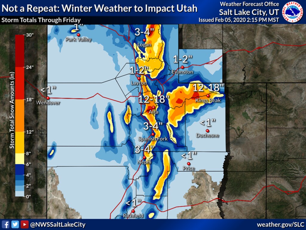 (Courtesy of the National Weather Service) This map shows the expected snow totals in Utah through Friday.