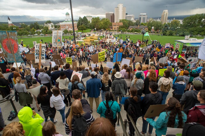(Rick Egan  |  The Salt Lake Tribune)      
Ocea Wraye joins hundreds of students from around the state chant and sing at the Utah State Capitol Building, demanding action on the climate crisis. Friday, Sept. 20, 2019.