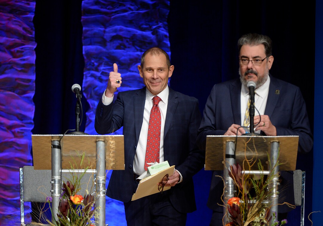 (Scott Sommerdorf   |  The Salt Lake Tribune)   Mayor John Curtis gives a thumbs up as he is introduced as Utah's 3rd District Congressional debate began, Friday, October 13, 2017. 