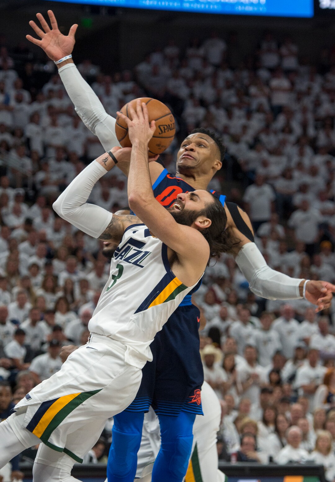 (Rick Egan  |  The Salt Lake Tribune)    Utah Jazz guard Ricky Rubio (3) goes up for a shot as Oklahoma City Thunder guard Russell Westbrook (0) defends, in game 4, NBA playoff action between Utah Jazz and Oklahoma City Thunder, in Salt Lake City, Monday April 23, 2018.