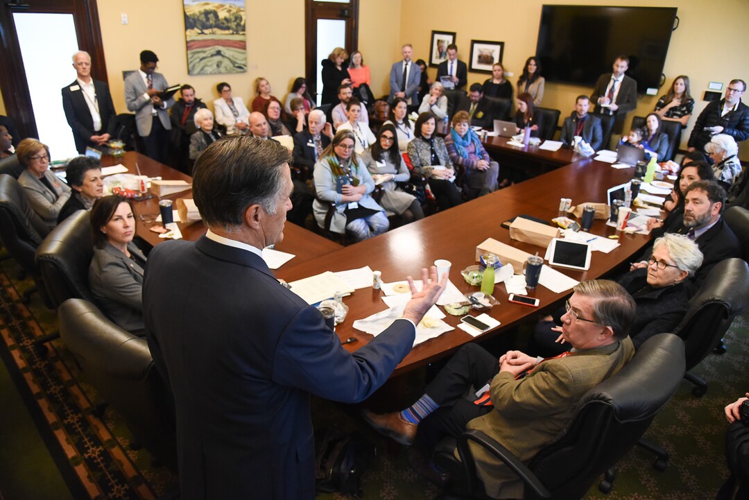 (Francisco Kjolseth  |  The Salt Lake Tribune)  Sen. Mitt Romney meets state lawmakers at the Utah Capitol as he speaks with members of the Democratic House Caucus during a series of meetings on Thursday, Feb. 21, 2019.