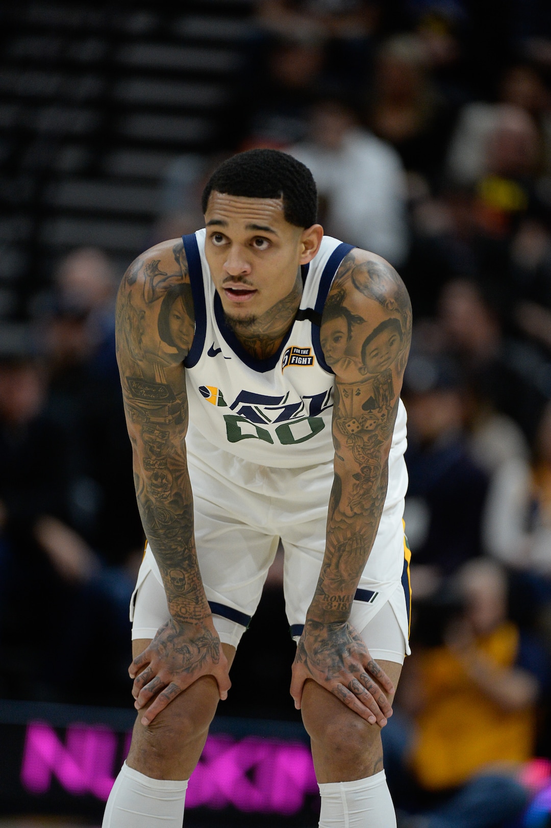 (Francisco Kjolseth  |  The Salt Lake Tribune) Utah Jazz guard Jordan Clarkson (00) waits to put on defensive pressure as the Utah Jazz host the Denver Nuggets in their NBA basketball game at Vivint Smart Home Arena in Salt Lake City on Wednesday, Feb. 5, 2020.