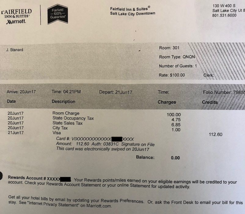 A receipt from June 2017, when now-former Rep. John Stanard used state funds to pay for a Salt Lake City hotel room. He was in town on legislative business, but an escort told a British newspaper that he paid her for sex on the same day.