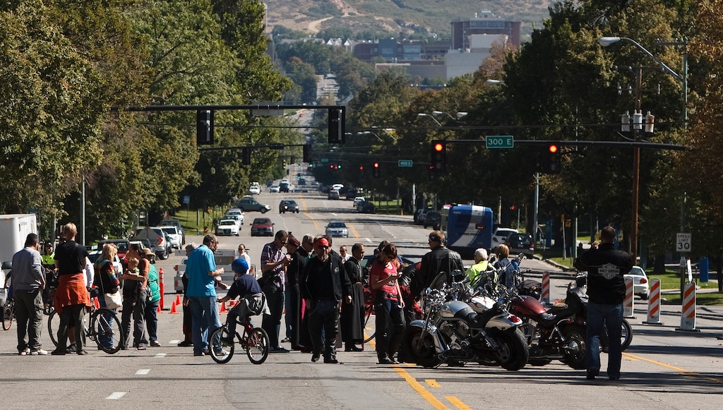 Leah Hogsten | The Salt Lake Tribune
Cyclists filled the block between 100 and 200 South in downtown Salt Lake City Saturday, Sept. 28, 2013, during the annual Blessing of the Bikes at the Cathedral Church of St. Mark. The event was aimed at raising awareness of bicycle safety for anyone on one, two or three wheels including scooters, bicycles, motorcycles, unicycles and tricycles.
