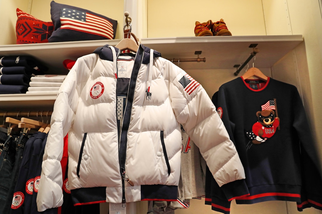 Team USA's closing ceremony parka, which features a battery-powered, built-in heating element that can be adjusted by a cell phone, is displayed at Polo Ralph Lauren's Prince Street store, Monday, Jan. 22, 2018, in New York. (AP Photo/Kathy Willens)