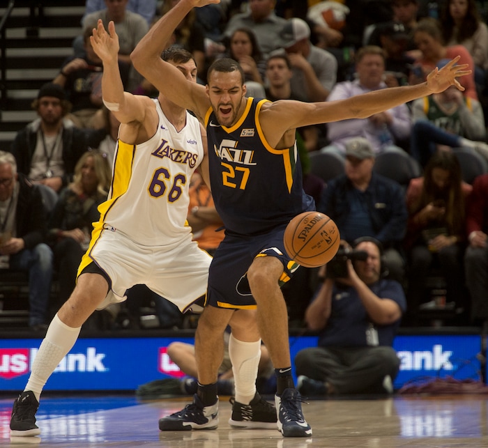 (Rick Egan  |  The Salt Lake Tribune) Utah Jazz center Rudy Gobert (27) reacts after Los Angeles Lakers center Andrew Bogut (66) knocks the ball out of his hands, in NBA action, Utah Jazz vs. Los Angeles Lakers, in Salt Lake City, Saturday, October 28, 2017.