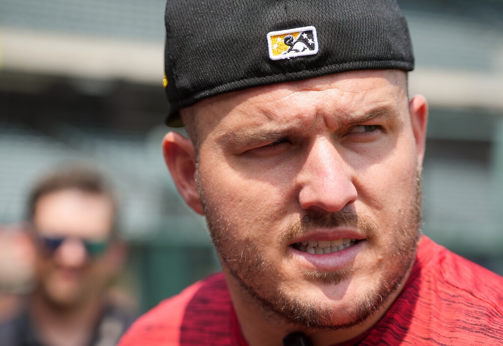 (Chris Samuels | The Salt Lake Tribune) Los Angeles Angels outfielder Mike Trout speaks to reporters at Smith’s Ballpark in Salt Lake City before beginning a rehab stint with the Salt Lake Bees, Tuesday, July 23, 2024.