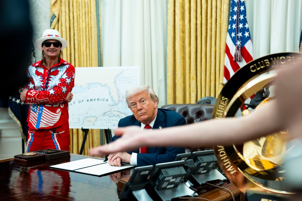 (Doug Mills | The New York Times) President Donald Trump, alongside the singer Kid Rock, signs executive orders in the Oval Office of the White House in Washington on Monday, March 31, 2025. Trump said on Monday that he has settled on a final plan for sweeping "reciprocal" tariffs, but he declined to reveal the details ahead of an announcement in the Rose Garden at 4 p.m. on Wednesday.