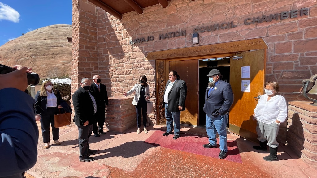 (Alastair Lee Bitsóí | Salt Lake Tribune) Utah Lt. Gov. Deidre Henderson meets with Navajo Nation Council Speaker Seth Damon and others lawmakers on Wednesday in Window Rock, Ariz., to talk about Westwater.