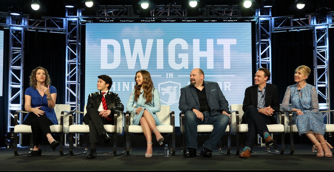 (Photo courtesy Chris Frawley/BYUtv) Andra Johnson Duke, BYUtv's director of content; “Dwight in Shining Armor” stars Sloane Morgan Siegel, Caitlin Carmichael and Joel McCrary; and “Dwight” executive producers Brian and LeeAnne Adams appear before members of the Television Critics Associatino.
Photo: Chris Frawley/BYUTV © 2019 BYUTV. All Rights Reserved.