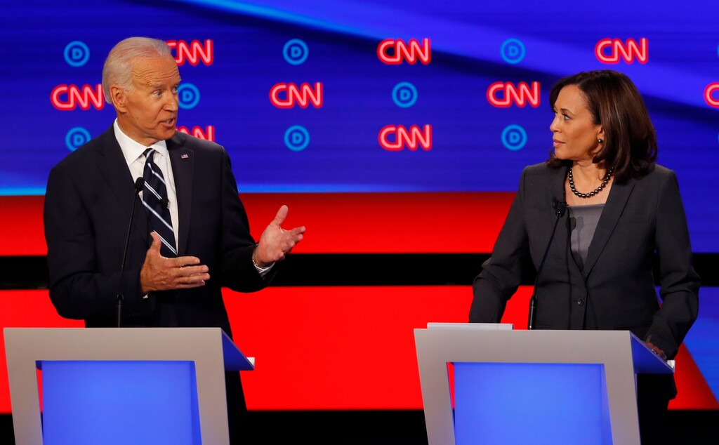 (Paul Sancya | AP photo)
In this July 31, 2019, photo, then-Democratic presidential candidate Sen. Kamala Harris, D-Calif., listens as Democratic presidential candidate former Vice President Joe Biden speaks during a Democratic presidential primary debate at the Fox Theatre in Detroit. Biden’s search for a running mate is entering a second round of vetting for a dwindling list of potential vice presidential nominees, with several black women in strong contention.