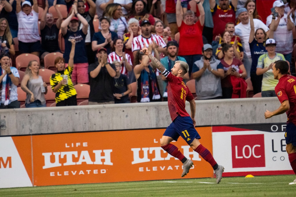 (Rick Egan | The Salt Lake Tribune) Real Salt Lake midfielder Albert Rusnak (11) celebrates after scoring a goal, in MLS soccer action between Real Salt Lake and LA Galaxy II at Rio Tinto Stadium on Wednesday, July 21, 2021.