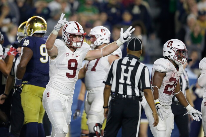 Stanford tight end Dalton Schultz (9) celebrates a touchdown on a fumble recovery by a teammate during the second half of an NCAA college football game against Notre Dame in South Bend, Ind., Saturday, Oct. 15, 2016. Stanford defeated Notre Dame 17-10. (AP Photo/Michael Conroy)