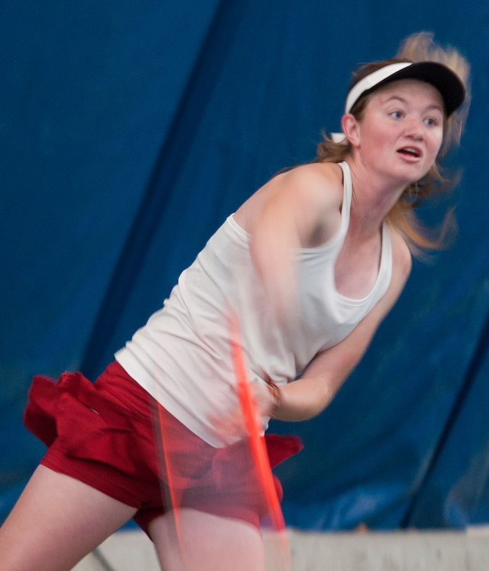 Michael Mangum  |  Special to the TribuneWaterford's Sophie Christensen hits an overhead shot during the Utah high school state tennis finals at the Salt Lake Tennis & Health Club in Salt Lake City on Saturday, September 30, 2017. Christensen was defeated by Rowland Hall's Katie Foley for the 3A 1st singles state championship.
