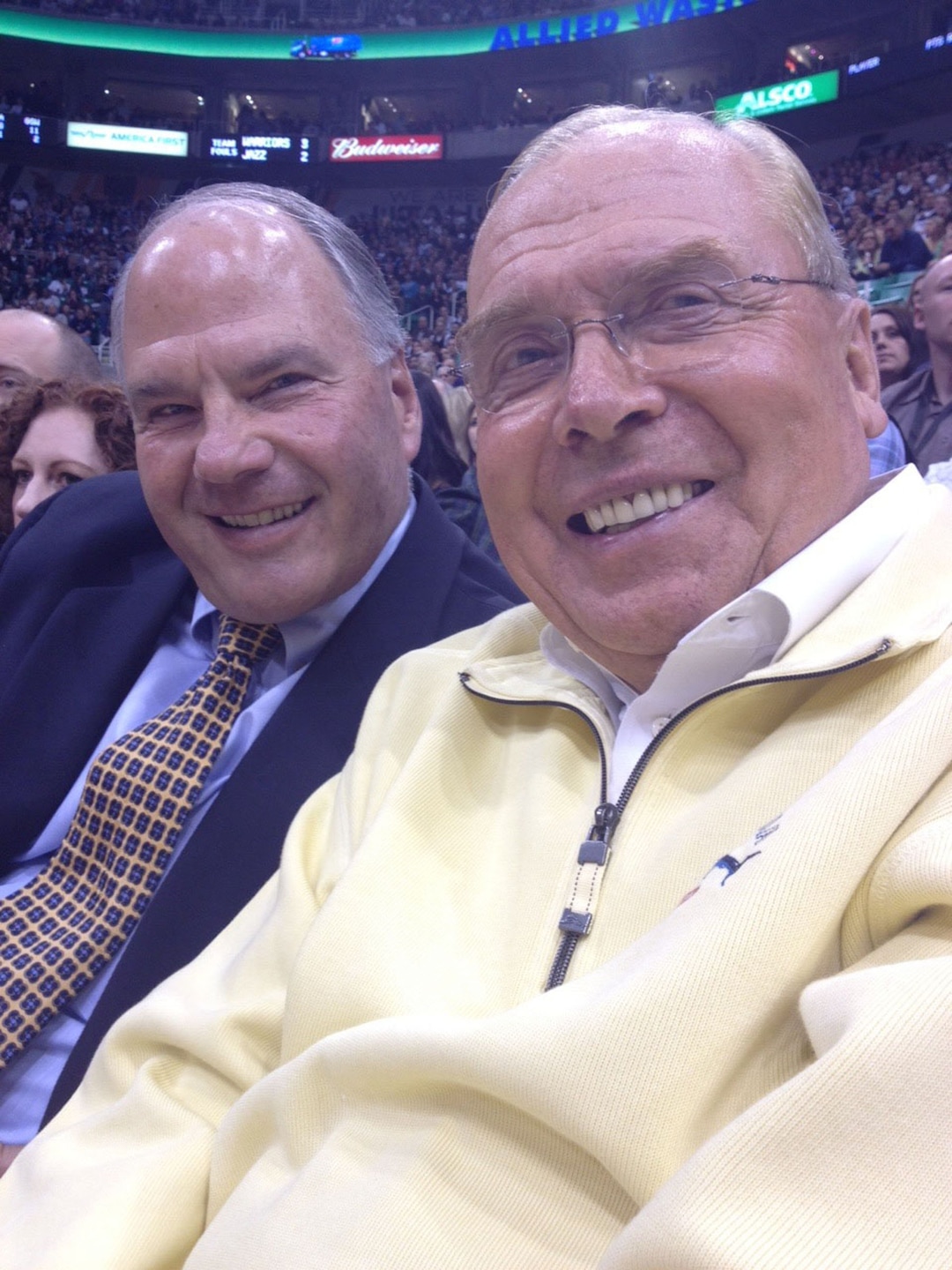 (photo courtesy Elder Ronald A. Rasband) Jon Huntsman and Elder Ronald A. Rasband at a Jazz game.