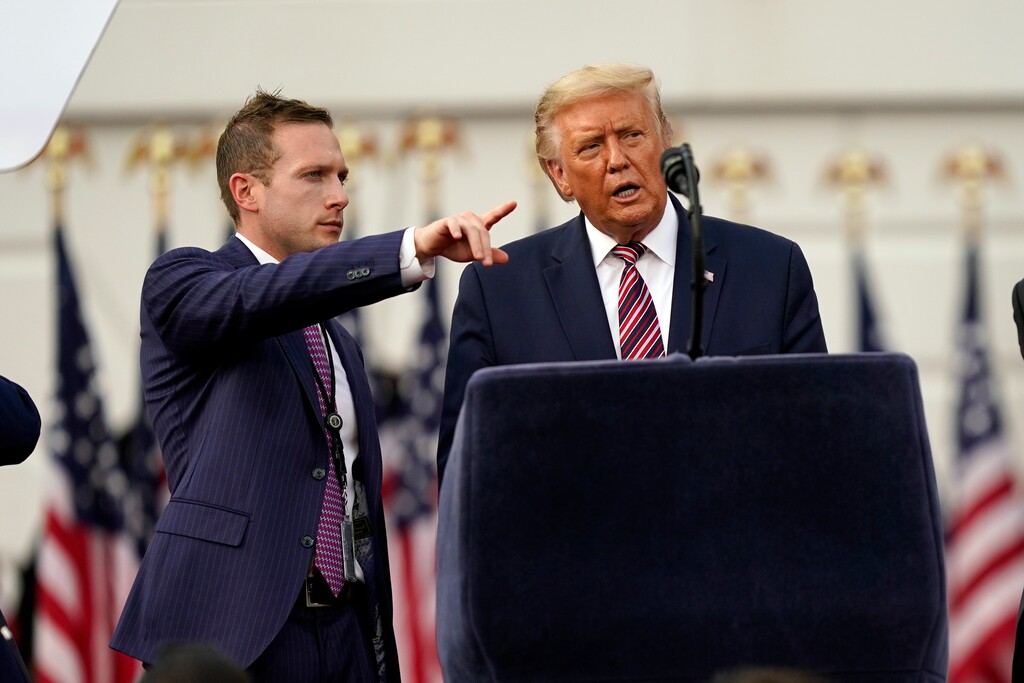 President Donald Trump checks the stage before his speech from the South Lawn of the White House on the fourth day of the Republican National Convention, Thursday, Aug. 27, 2020, in Washington. (AP Photo/Evan Vucci)