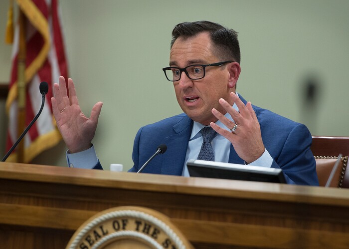 (Scott Sommerdorf   |  The Salt Lake Tribune)   
Speaker of the House Greg Hughes, R-Draper, questions Juvenile Justice Services director Susan Burke during the Legislative Audit Committee's hearing on a "Performance Audit of Juvenile Justice Services", Thursday, January 25, 2018.