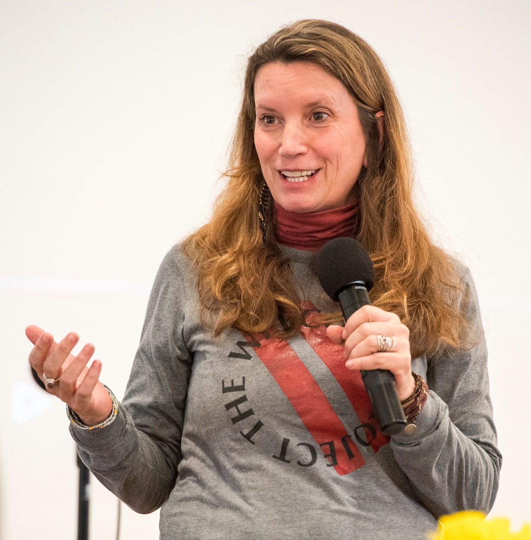 (Rick Egan  |  The Salt Lake Tribune)       Keynote speaker and author, the Rev. Becca Stevens gives a presentation during the "Love Heals" forum on trafficking at St. Mark's Cathedral, Friday, March 23, 2018.