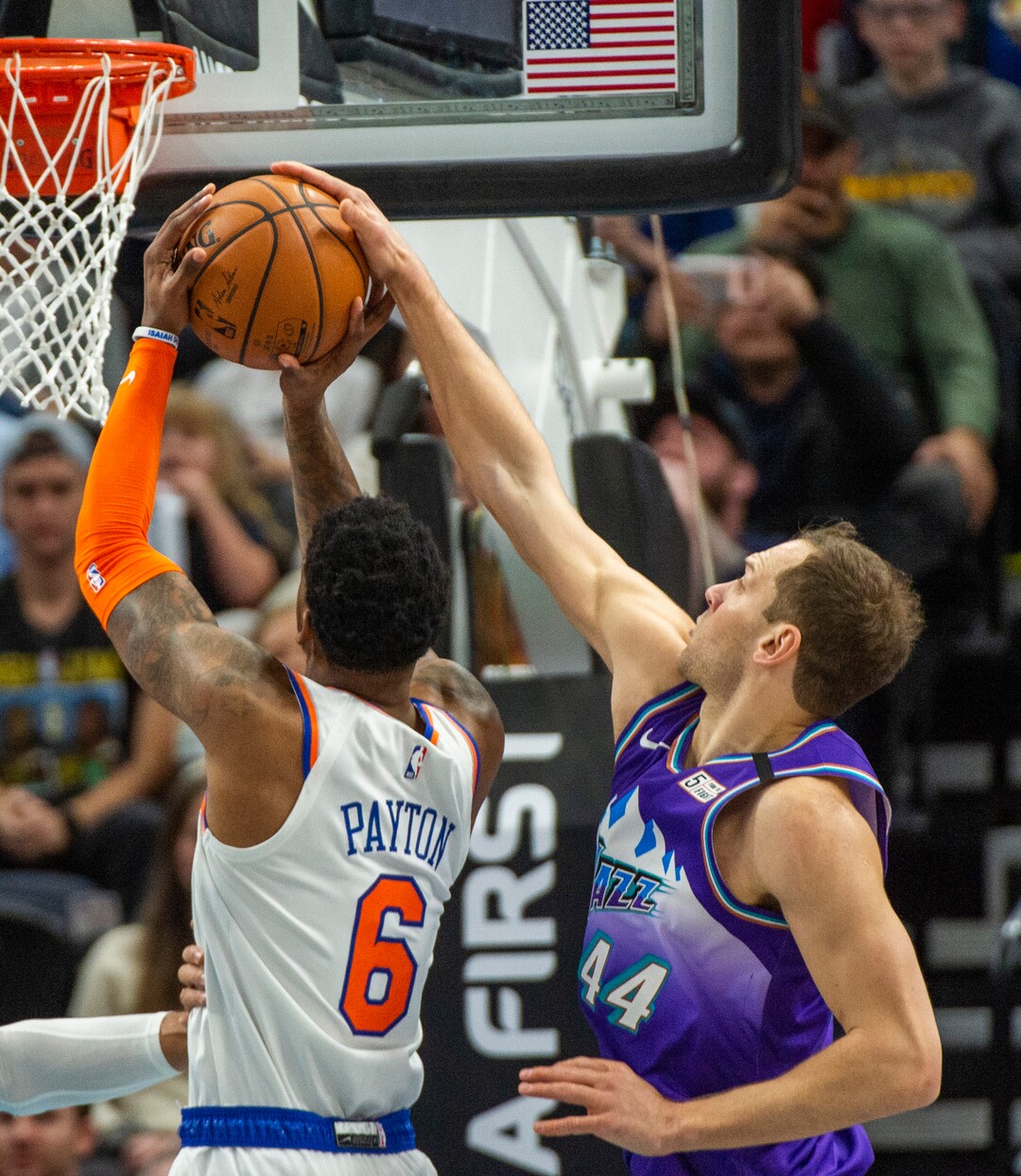 (Rick Egan  |  The Salt Lake Tribune)      Utah Jazz forward Bojan Bogdanovic (44) blocks a shot by New York Knicks guard Elfrid Payton (6) defends, in NBA action between the Utah Jazz and the New York Knicks, in Salt Lake City, Wednesday, Jan. 8, 2020.