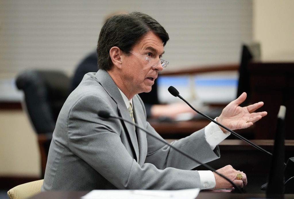 (Francisco Kjolseth | The Salt Lake Tribune) Rep. Jefferson Burton, R-Salem, sponsor of HB63, which amends provisions related to COVID-19 in the workplace, presents before the Senate Health and Human Services Committee at the Capitol in Salt Lake City on Wednesday, Feb. 23, 2022.