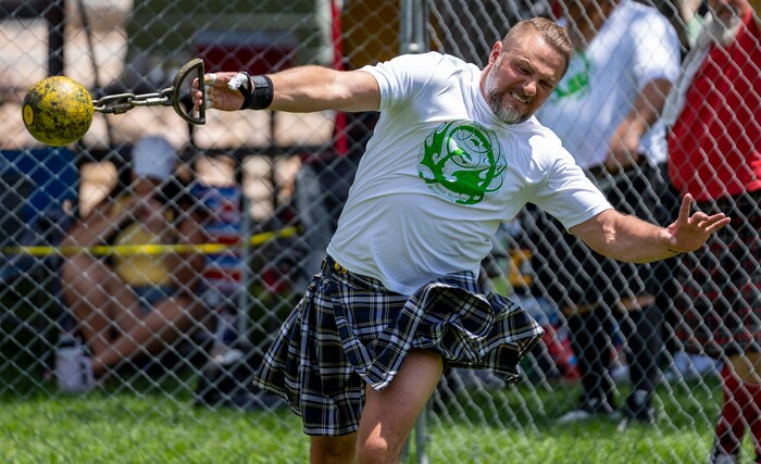 (Rick Egan | The Salt Lake Tribune) Wil Ellis competes in the weight for distance competition, in the Highland games, at the Payson Scottish Festival, on Saturday, July 9, 2022.
