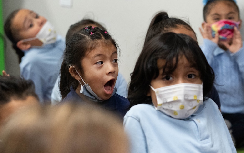 (Francisco Kjolseth | The Salt Lake Tribune) Kids talk during a class at the Guadalupe School in Salt Lake City on Wednesday Oct. 27, 2021. K-12 schools throughout the state have seen an increase in COVID-19 cases this fall, compared to the same time last year.