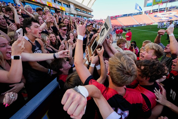 (Francisco Kjolseth | The Salt Lake Tribune) Alta celebrates their 5A State Soccer Championship title over Lehi at Rio Tinto Stadium, Wednesday, May 25, 2022. Alta defeated Lehi in shootout 3-1.